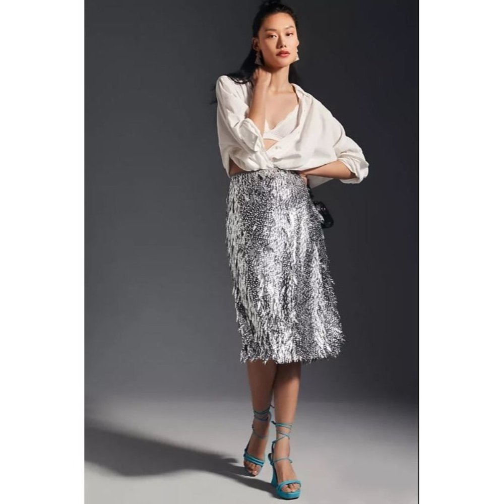 Anthropologie Sequin Fringe 3D Dimensional Silver Skirt Size 38 US 6 NEW